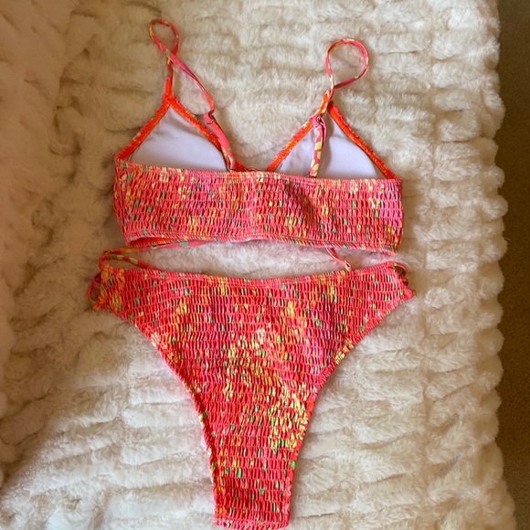HOT 🔥 Floral Smocked front cut out drawstring bikini swimsuit ~ Small - Picture 3 of 6
